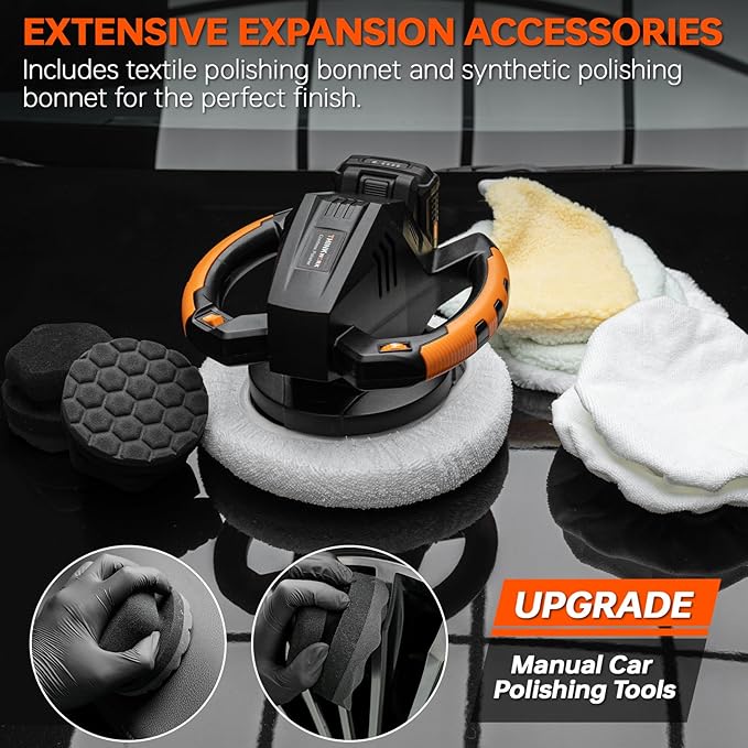 THINKWORK Buffer Polisher, 20V Cordless Buffer Polisher, 10 Inch Portable Polishing Machine Kit for Car, with 2Ah Rechargeable Battery, 6 Variable Speed 1500-3600RPM,Double handle,Ideal for Car Waxing