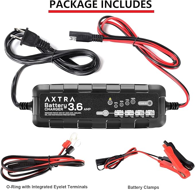AXTRA 6V and 12V Car Battery Charger, 3.6-Amp Fully-Automatic Smart Battery Maintainer for Car, SUV, Truck, Motorcycle, Boat, RV, Lawn Tractors, ATV - (Lead Acid, AGM, Sealed, Gel, SLA, Flooded)