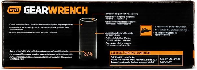 GEARWRENCH 8 Piece 3/8" Drive 6 Point SAE Hi-Viz Deep Impact Socket Set | 84915H