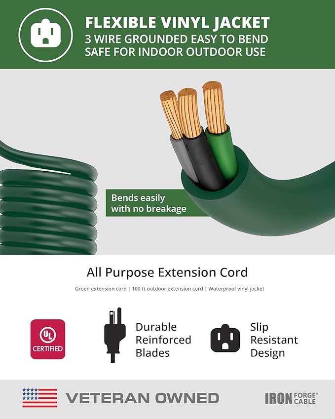 Iron Forge Cable Green Outdoor Extension Cord 100 FT - 16/3 SJTW Weatherproof Long Extension Cord for Outside with 3 Prong - 16 Gauge 100 Foot for Yard, Gardens, Landscaping - UL Listed
