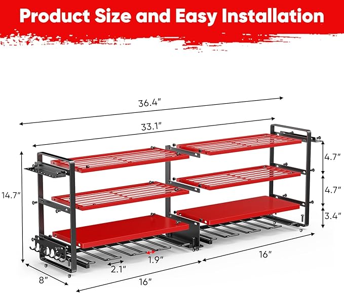 POKIPO Upgrade Large power tool organizer Wall Mount,4 Layers Heavy Duty Metal Loads 400lbs Power Tool Hanger Shelf Battery Storage with 8 Cordless Drill Bit Holder,Utility Racks for Garage Tool Room