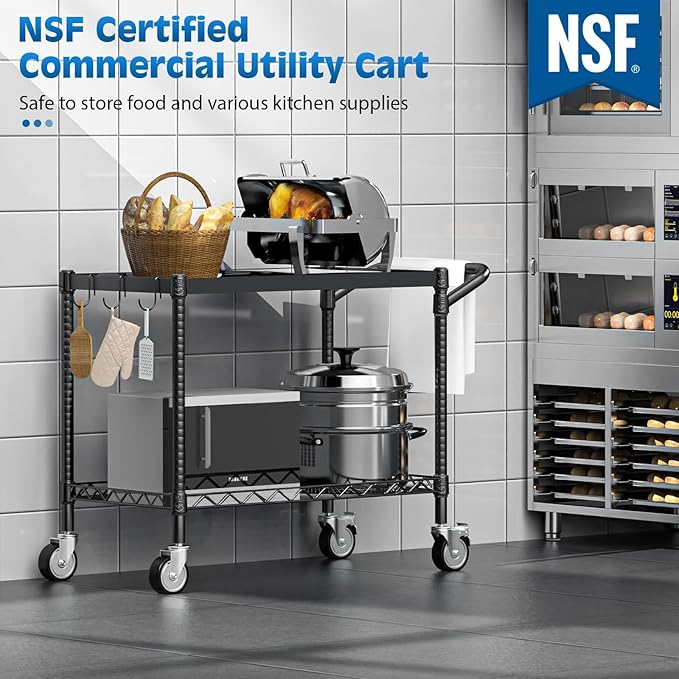 Leteuke 2 Tier Utility Tool Cart with Wheels, Heavy Duty Rolling Utility Carts with Handle, Commercial Grade Metal Serving Storage Cart for Warehouse Garage Kitchen, 25" D x 38.98" W x 40" H-Black