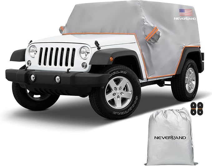 Wrangler Cab Cover for 2007-2025 Jeep Wrangler JK JL 2 Door, NEVERLAND Half Car Cover Waterproof Oxford with Reflective Strip,Sun Snowproof Cab Car Cover Silver