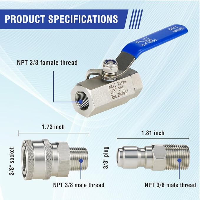 Pressure Washer Ball Valve Kit, NPT 3/8 Stainless Steel High Pressure Shut off Valve with Long Hand and 3/8" Quick Connect for Switching Power Washer Hose/Gun, Foam Cannon, Wand, 2000PSI