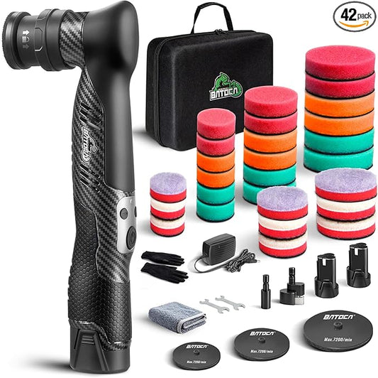 BATOCA S5 Cordless Mini Car Polisher Buffer Sander Dual Action Rotary Polishing Machine for Car Motorcycle Detailing Polish Buffing 1inch 2inch 3inch Polishing Pad Kit with 2x 12V Battery 2000-5500RPM