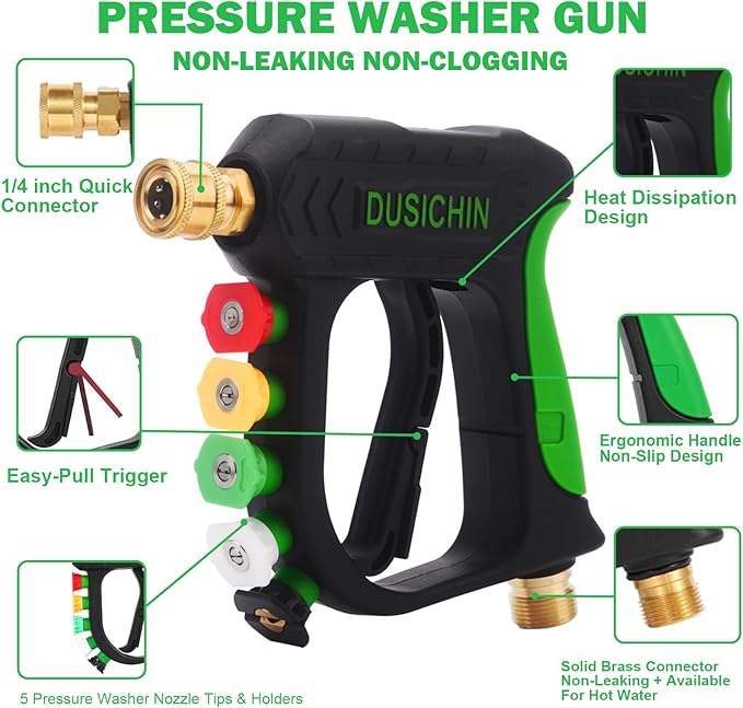 DUSICHIN Short Pressure Washer Gun Car Wash Foam Gun 1/4" Quick Connector, Power Washer Wand Sprayer Foam Green Handle with 3/8" Quick Connect, M22-14 mm and M22-15 mm Fitting,5 Nozzles DUS2701