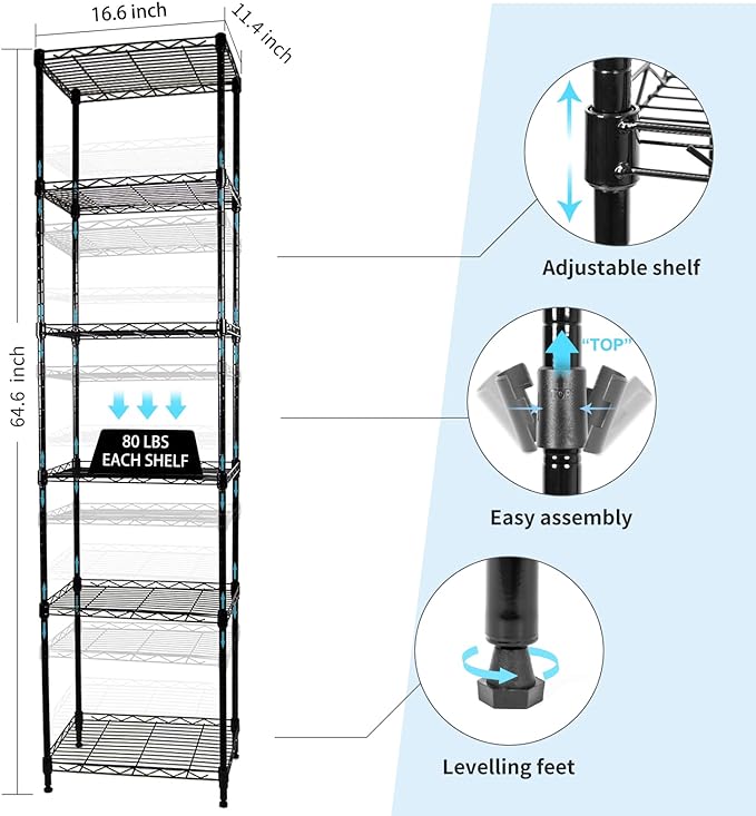 SUNLPH 6-Tier Wire Shelving Adjustable Shelves Unit Metal Storage Rack for Laundry Bathroom Kitchen Pantry Closet Organization (Black, 16.6" L x 11.4" W x 64.6" H)