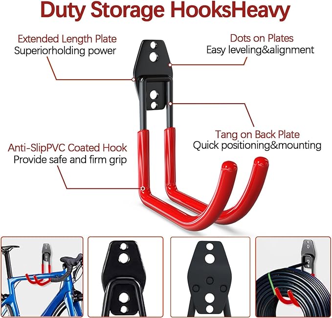 3-H Garage Wall Hooks Heavy Duty 31 Pack, Anti-Slip Steel Wall Mount Storage Hooks for Hanging Ladder Garden Yard Tools, Utility Organizer for Garage Lawn Shed(Red)