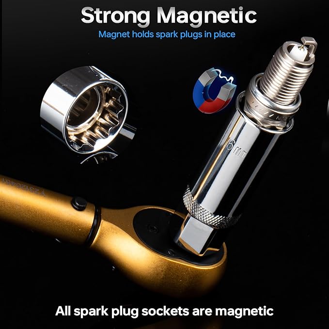 3/8-Inch Drive Torque Wrench Set, 10-45 FT.LB (13.6-61Nm), Magnetic Spark Plug Socket Set, 12-Point Sockets 14mm & 16mm, Spark Plug Gap Tool, ±3% Accuracy, 72-Tooth Torque Wrench for Motor, Car Repair