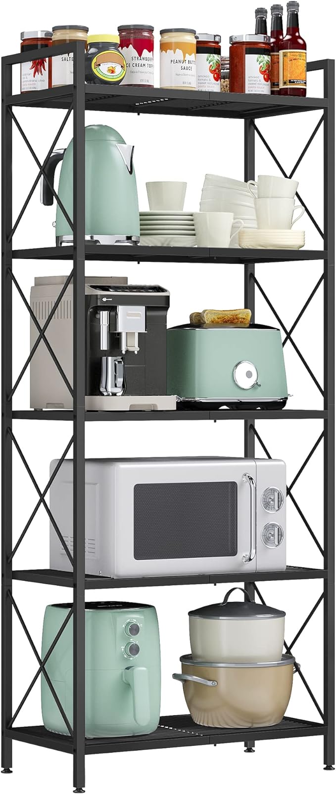 SONGMICS 5-Tier Metal Storage Rack, Shelving Unit with X Side Frames, Dense Mesh, 12.6 x 23.6 x 57.3 Inches, for Entryway, Kitchen, Living Room, Bathroom, Industrial Style, Ink Black UBSC165B01