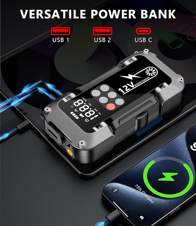 Car Jump Starter with Air Compressor, 4000A Portable Jump Starter Battery Pack with 150PSI Tire Inflator (All Gas/8L Diesel) Jump Box 12V Car Battery Charger, 3 Modes Flashlight and Jumper Cables