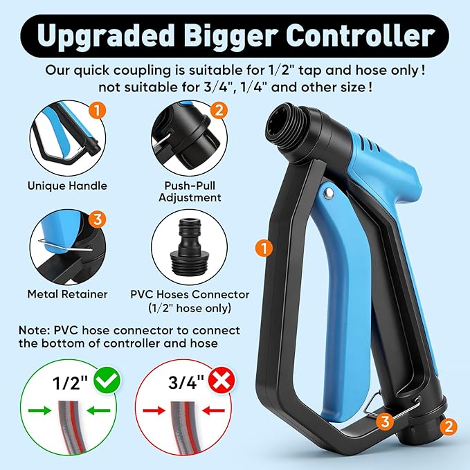 Upgraded Car Wash Foam Gun, Foam Cannon, Adjustable Hose Wash Sprayer with 2.5 to 6 Bars Foam Blaster, NEW Handle, Wash Mitten &Towel, Suitable for Car Cleaning & Garden Use with 1/2” Quick Connector