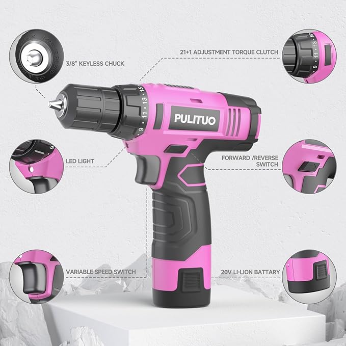 PULITUO 12V Pink Cordless Drill Set - Power Drill Kit with Battery and Charger, 3/8-Inch Keyless Chuck, Built-in LED, 21+1 Torque Setting