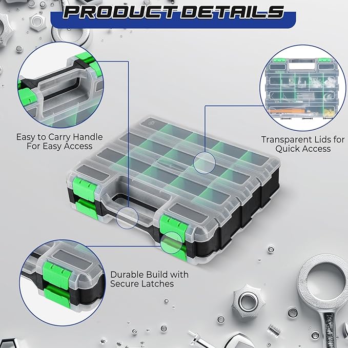NATGAI 2 Pack Small Parts Organizers, 34-Compartments Double-Sided Tool Box with Removable Dividers for Hardware, Screws, Bolts, Nails & Fishing Accessories, Durable Plastic Storage Case (Green)