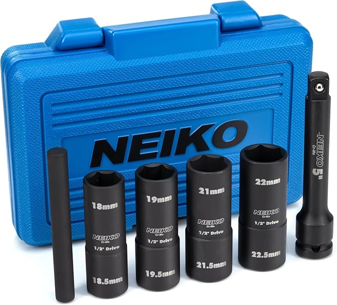 NEIKO 02290B Lug Nut Socket Set, 1/2” Impact Thin Wall Flip Socket Set, Half Size Wheel Socket Set, Metric 6 Point, 5" Extension Bar & Knockout Bar, 18.5mm, 19.5mm, 21.5mm, and 22.5mm