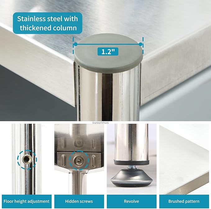 susunnus 4-Tier Stainless Steel Shelf, Heavy Duty Shelving for Kitchen, Garage, Industrial Storage, Kitchen Shelves Adjustable Feet, Easy to Clean(24.8in*15,8in Without Guardrails)