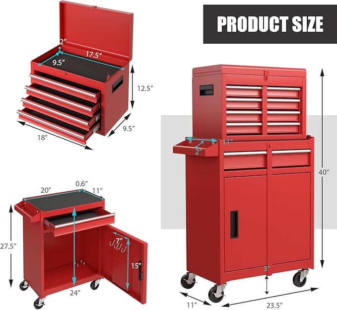 Goplus Tool Chest, 5 Drawers Rolling Tool Cabinet with Detachable Top Toolbox, Universal Lockable Wheels, Lock Bar, Protective Liner & Tool Rack, Metal Tool Storage Cart, Tool Box for Garage Workshop