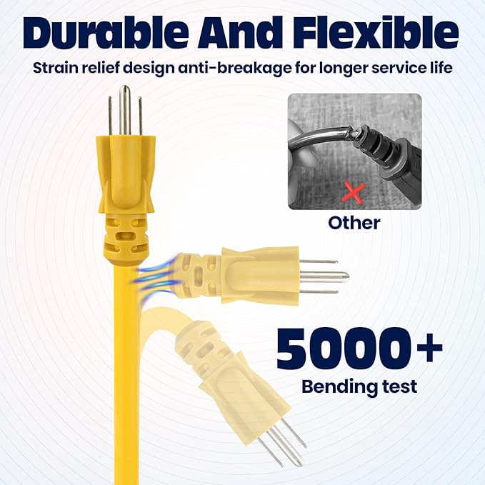 25 ft Heavy Duty Extension Cord Yellow - 12/3 SJTW 15 AMP Indoor/Outdoor Power Cord with 3 Prong Grounded Plug for Lawn Mower, Appliances, Workshop, Water Resistant Flexible Cable.