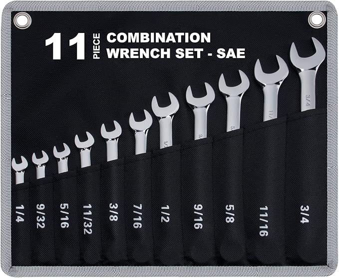 11-Piece SAE Combination Wrench Set in Roll-up Pouch, Non-Skip Inch Sizes 1/4 to 3/4” | Chrome Vanadium Steel with Mirror Finish | Ideal for General Household, Garage Workshop, Auto Repairs and More