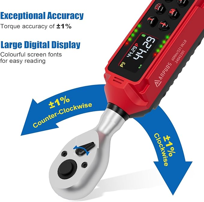 3/8-inch Drive Digital Torque Wrench, 0.66-44.3Ft.lbs/0.9-60Nm, Electronic Torque Wrench, Inch Pound Torque Wrench Set with ±1% Accuracy, Vibration, Buzzer and LED Notification for Bicycle