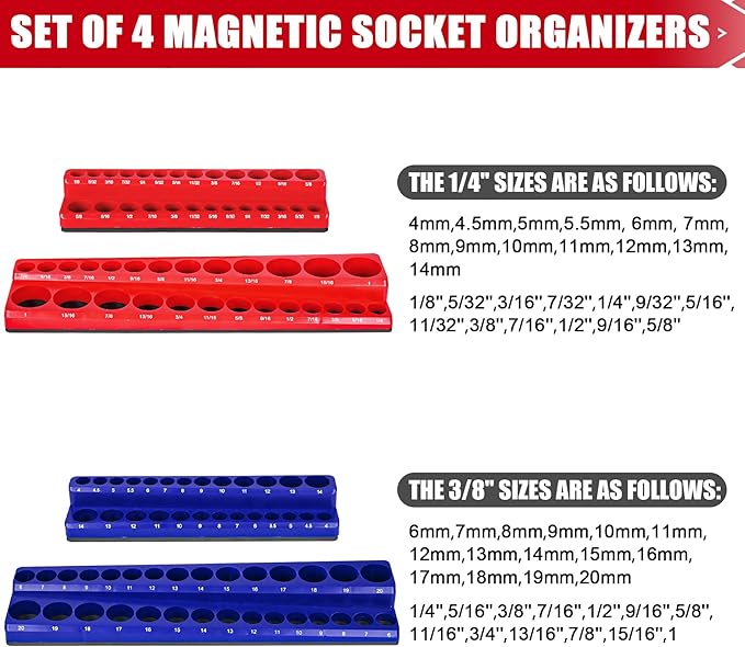Magnetic Socket Organizer Holder 4-Piece (1/4 In, 3/8 In Drive Metric SAE) Magnet Socket Rail Trays Storage Set Holds 108 Sockets for Tool Box Drawer