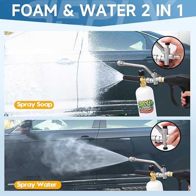 Foam Cannon for Pressure Washer Gun Kit with Dual Connector Accessory, Car Wash Foam Gun with 5 Pressure Washer Nozzle Tips 3/8'' Swivel Quick Connector and M22-14mm and M22-15 mm Fitting