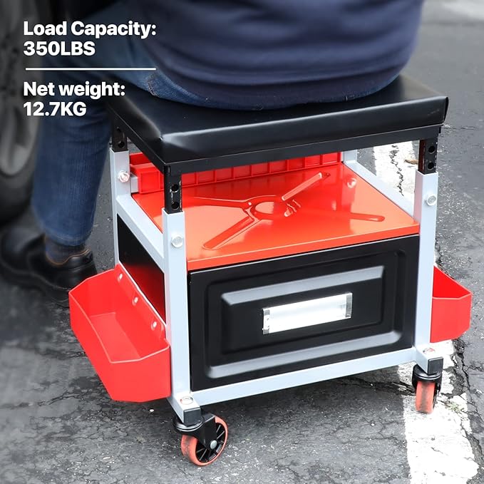DNA Motoring TOOLS-00198 Adjustable Height Mechanics Roller Seat Creeper Stool With Padded Cushion, Tool Storage Drawer & Tray, 350 Lbs Max Weight Capacity