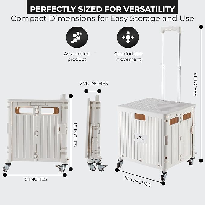 Rolling Cart for Teachers – Collapsible Cart with Wheels, Foldable Utility and Grocery Cart on Wheels for Classroom, Office, Travel, Tool Box, and Move Luggage (White)