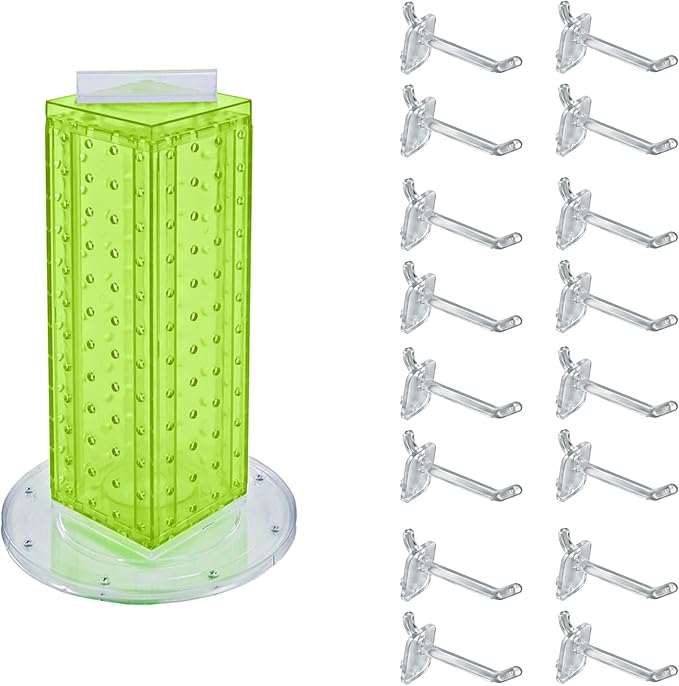 Azar Displays 700220-GRE-2C16 Four-Sided 4”W x 12” Revolving Pegboard Tower Kit Counter Display with 16-Pack of 2 inch Locking Hooks, Green