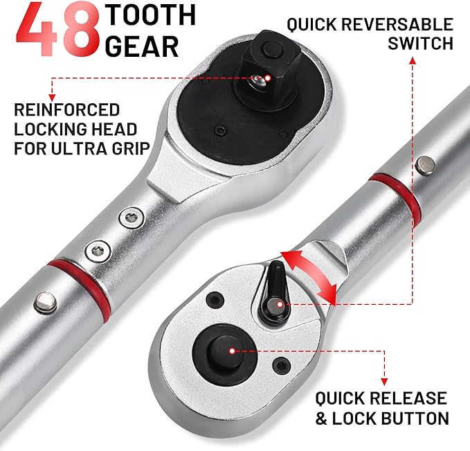 3/4 Inch Torque Wrench, 48 Tooth Torque Wrench 3/4 Drive 100-600FT.LB/135-815N.M with a Solid Storage Case
