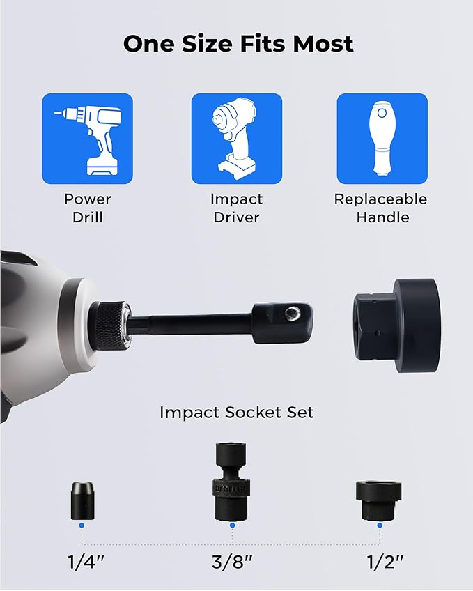 toolant Impact Grade Socket Adapter Set, 6 pcs, 1/4", 3/8", 1/2" Drive, with 2-3/5", 2-7/8", 6" Extension Bars, Hex Shank Drill Bit Adapter for Power Drill & Impact Driver