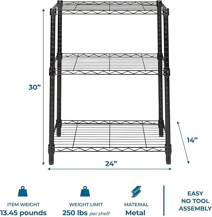 Honey-Can-Do 3-Tier Heavy Duty Adjustable Shelves, Metal Storage Rack With 250-lb Shelf Capacity, Black, 14" W x 24" L x 30" H