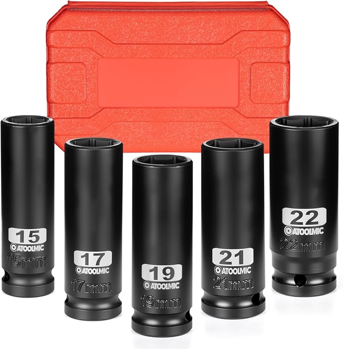 5 PCS Metric Impact Socket Set 1/2" Square Drive,Deep 15mm, 17mm,19mm,21mm,22mm Allen Sockets,CR-MO Alloy Steel,6 Point Radius Corner Design,Rugged Construction,With Storage Red Case