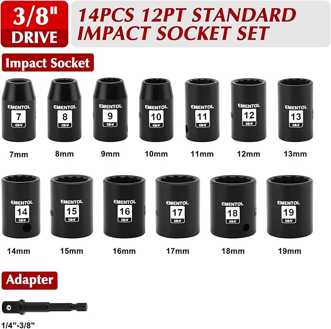 EMENTOL 14PCS 3/8"Dr. Standard Impact Socket Set, Metric, 12-Point, CR-V, 14 Pieces 3/8-Inch Drive Shallow Socket Set, 7mm - 19mm