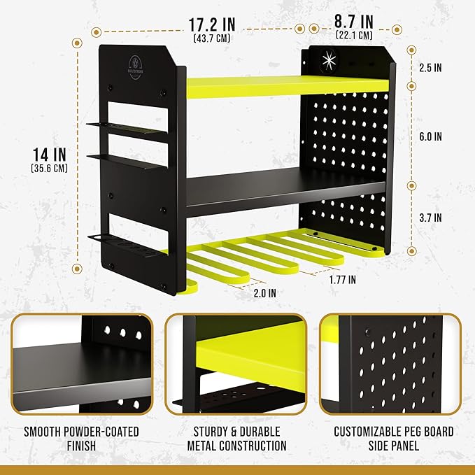 BUILTSTRONG Heavy-Duty Metal Tool Storage Rack - 3-Tier Wall Mount Organizer, Drill Holder, Utility Racks, PegBoard Side, Garage Storage (Green)