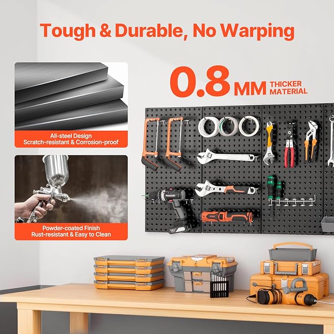 VEVOR Metal Pegboard Panels, 24" x 12" Pegboard, 4 Panels, Heavy Duty Steel Peg Board Wall Organizer, for Living Room Garage Tool Storage Workbench Office Organization Craft Room Kitchen Home, Black