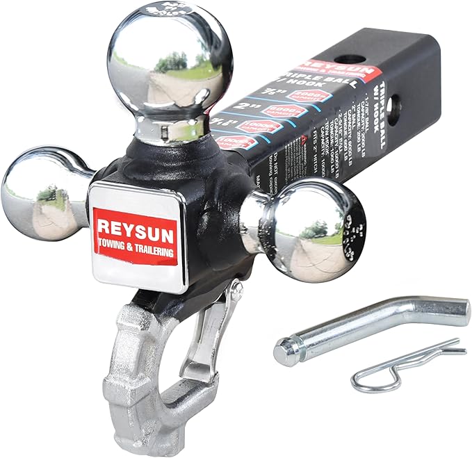 Trailer Hitch Tri-Ball Hitch with Hook, Tactical Tow Ball Hitch, Fits 2-inch Hitch Receiver, Chrome Triple Balls with Hitch Pin and Clip