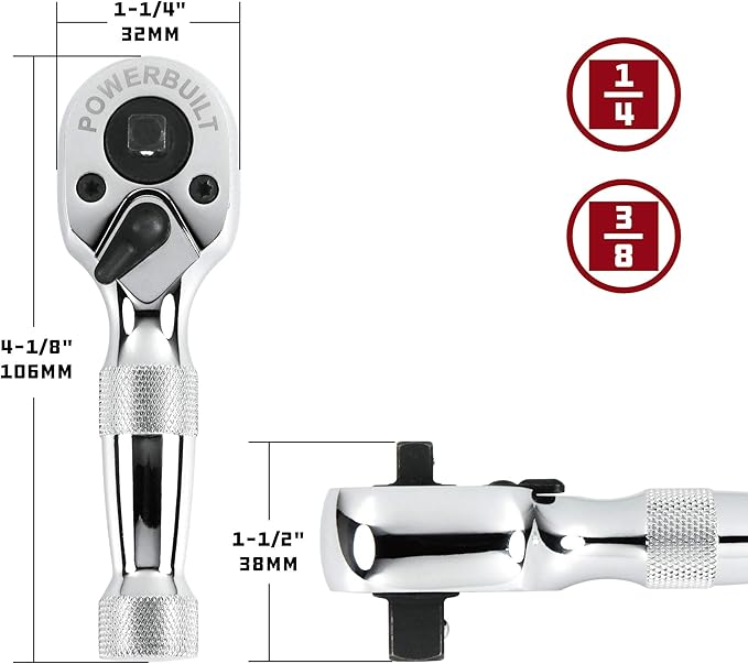 Powerbuilt Stubby 1/4-Inch and 3/8-Inch Dual Drive Ratchet Handle, 72 Tooth, Mini Ratchet Wrench, Chrome-Vanadium Steel Construction, Mirror Polish Finish, Reversible Direction Head - 940931