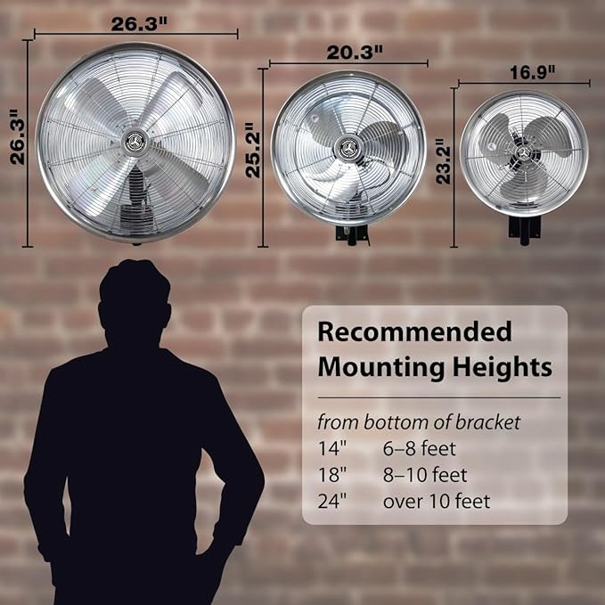 HydroMist Oscillating Wall Mounted Outdoor-Rated Fan, 3-Speed Control on Cord, Alum Fan Blade, Mounting Bracket and Black Cover Included, Residential/Commercial, 24”, Dark Brown