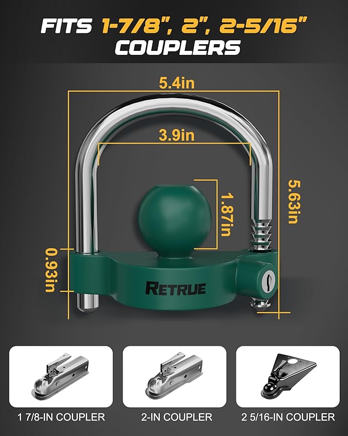 RETRUE Universal Coupler Lock Trailer Locks Ball Hitch Trailer Hitch Lock Adjustable Security Heavy-Duty Steel Fits 1-7/8 Inch, 2 Inch, 2-5/16 Inch Couplers, Green