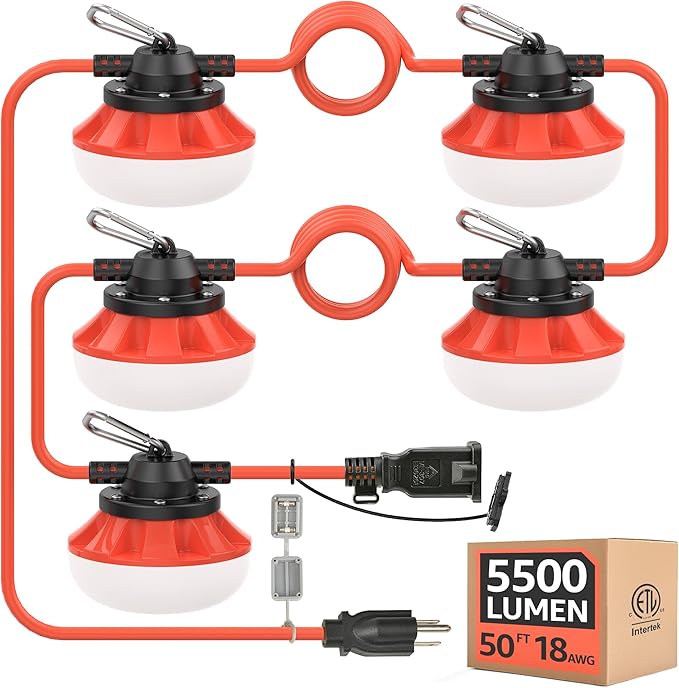 LED Construction String Lights:50w ETL Certified Industrial LED String Work Lights,IP65 Waterproof 18AWG Wire 5000K Super Bright for Attic Jobsite Garage Mine cave,with Hanging Hooks
