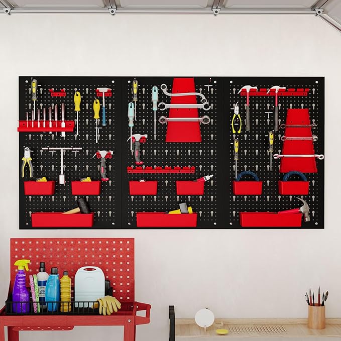 Goplus Pegboard Wall Organizer, 9-Bin Parts Rack Organizer w/Hammer Racks, Tool Holders & Hooks, Heavy-Duty Utility Tool Storage Board w/Accessories for Garage, Workshop, Craft Room