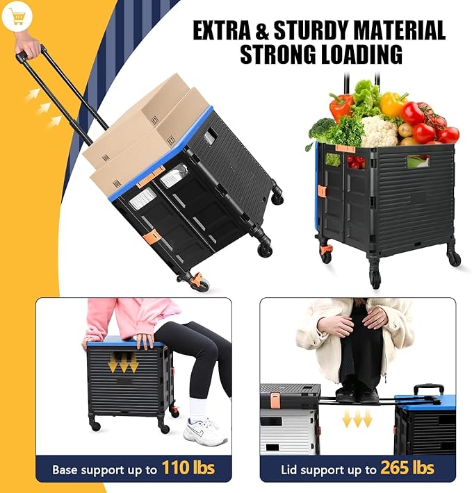 Foldable Utility Cart Folding Portable Rolling Crate Handcart Handcart Shopping Trolley Wheel Box with Lid,360°Rotate Wheels,Heavy Duty Durable Dolly Cart for Teacher Tourist Shopping Office Outdoor