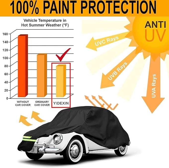 YIXIN Waterproof Car Covers for 1960-1980 Volkswagen Beetle Bug Sedan 2-Door Saloon Car Covers 190T Covers Customer Fit 100% Waterproof Windproof Strap & Double Door Zipper Up to 167” L (Black)