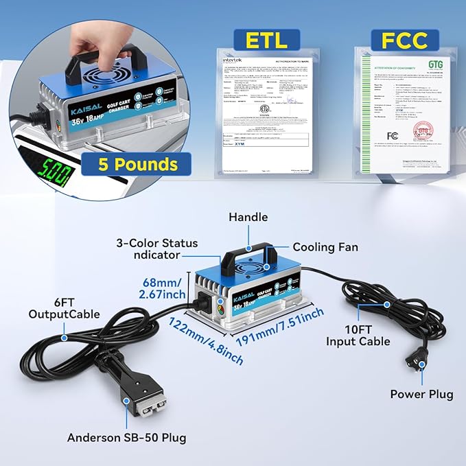 36 Volt 18A Golf Cart Battery Charger for EZGO Marathon Golf Carts IP67 Waterproof 36V EZGO Golf Cart Charger with Anderson SB-50 Plug, Trickle Charge, 5-7H Full Charge,16FT Cord for Lead Acid Battery