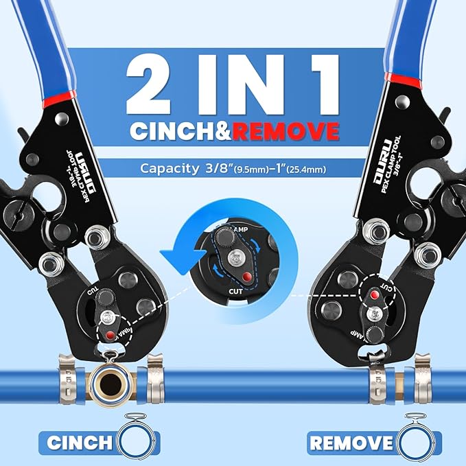 2 IN 1 Ratchet Pex Crimping Tool Cinch and Remove Combo Function Pex Pipe Crimp Tool from 3/8" to 1" Pex Crimper with Pex Cutter and Stainless Steel Pex Clamps 1/2" 25PCS,3/4" 10PCS