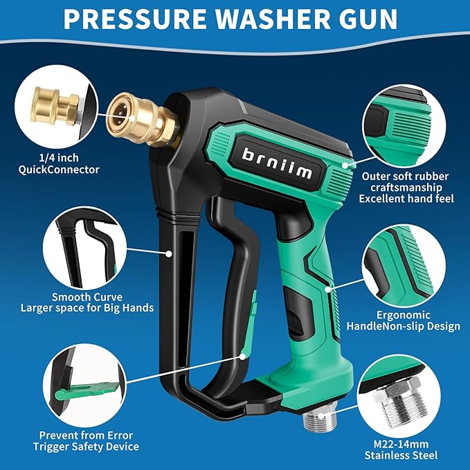 Short Pressure Washer Gun Pro - 5000 PSI/10.5 GPM Heavy-Duty Power Washer Gun w/ 5 Nozzles & 360° Anti-Kink Swivel-3/8 & 1/4" Quick Connect Compatible Foam Cannon/Dual Connecto/Car Wash Kit