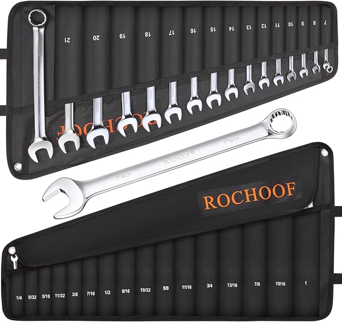Combination Wrench Set,32-Piece Chrome Vanadium Steel Wrench Set 12-Point SAE & Metric Wrenches 1/4"-1" and 7-22mm with Rolling Pouch