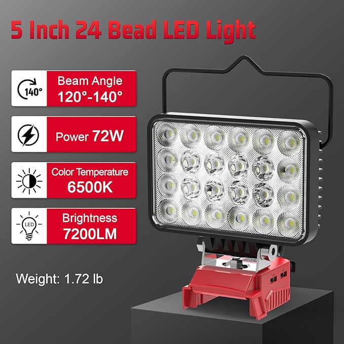 7200LM LED Work Light Compatible with Milwaukee 18V Battery, 72W Cordless Floodlight with 2 USB, 1 Type-C Port, Upgraded LED Light Low Voltage Protection Outdoor Lighting Adjustable 140°
