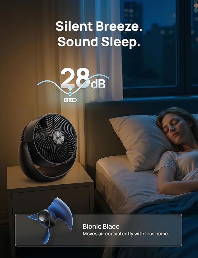 Dreo Fan for Bedroom, Floor fans for Whole Room, 40ft Strong Airflow, 120° Adjustable Tilt, 28db Low Noise, Quiet, 11 Inch, 3 Speeds, 2025 New Air Circulator for Office, Kitchen, Home